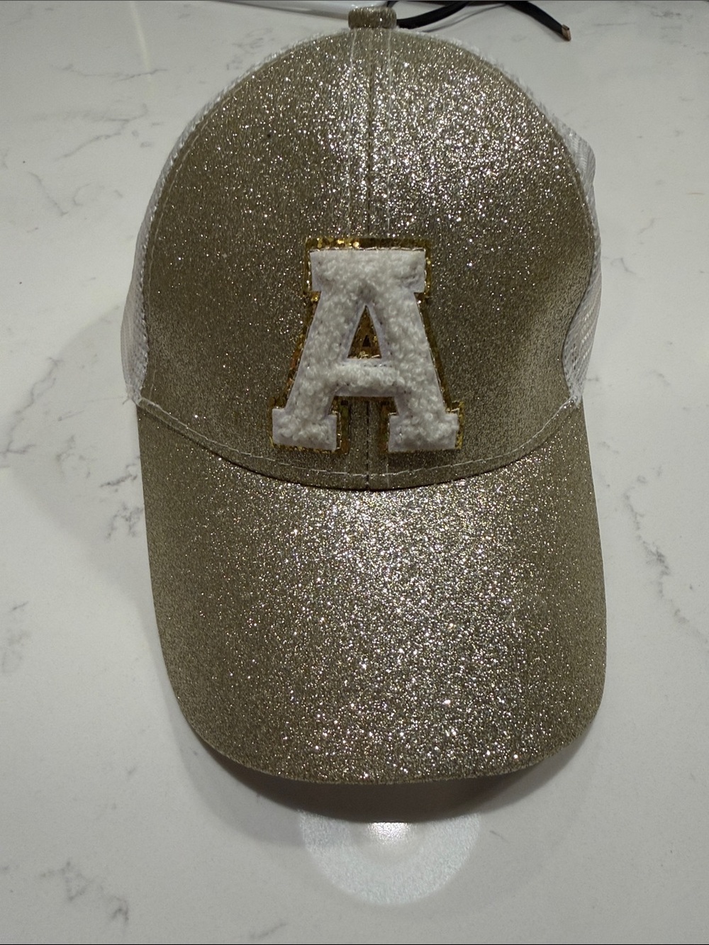 Gold Glitter Baseball Cap with White 'A' Patch